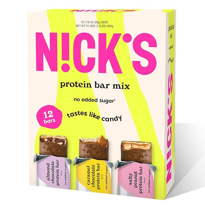 Nick's Protein Bars Variety Pack, Protein-Packed Snack, Low Calories, Low Carb Keto Friendly Snacks No Added Sugar, Salty Peanut, Chocolate Caramel and Almond Chocolate (12 Pack)