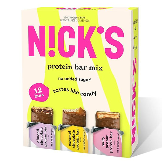 Nick's Protein Bars Variety Pack, Protein-Packed Snack, Low Calories, Low Carb Keto Friendly Snacks No Added Sugar, Salty Peanut, Chocolate Caramel and Almond Chocolate (12 Pack)