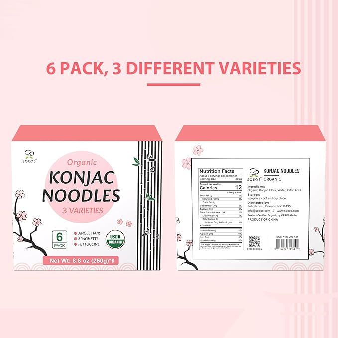 Soeos Konjac Noodles, Organic Shirataki Noodle, Low Calorie, Keto and Paleo Friendly, 3 Variety Noodles, 52.8 Ounce (Pack of 6)