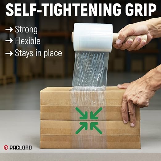 Paclord 5" x 1000' Industrial Strength Clear Stretch Wrap with Extended Core Handle, Ready to Use Pack of 1 Stretch Film Mini Roll, 80 Gauge Thick, 500% Elongation - Shrink Wrap for Moving, Packing