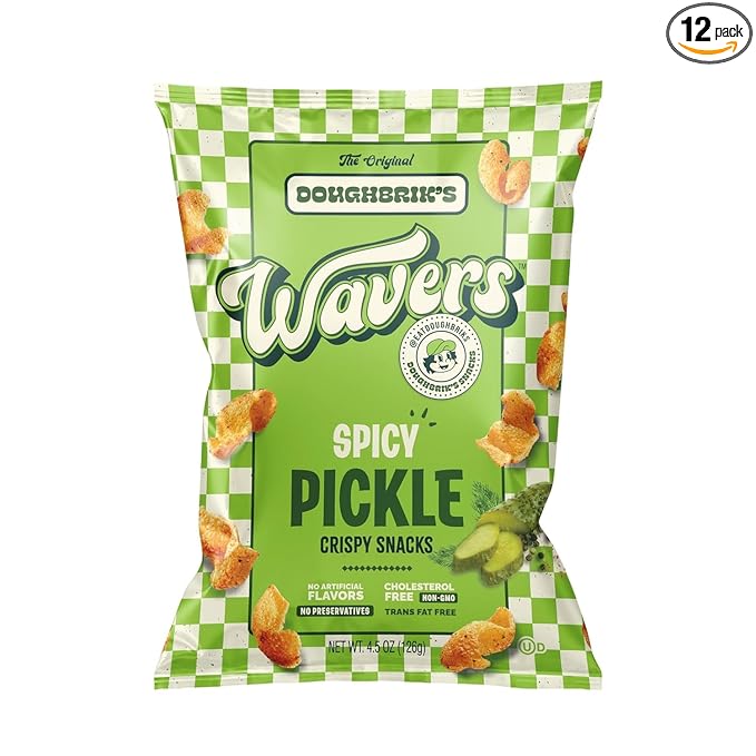 WAVERS by Doughbrik's Snacks, Spicy Pickle Flavor 4.5 oz Bags, Crispy Crunchy Texture Perfect Anytime Snack Made in the USA (12-Pack)
