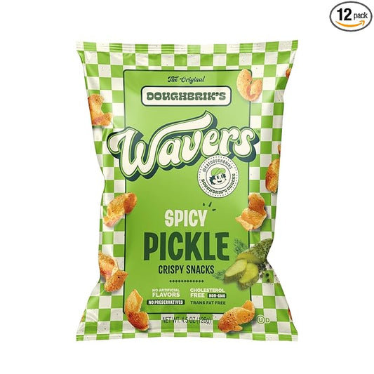 WAVERS by Doughbrik's Snacks, Spicy Pickle Flavor 4.5 oz Bags, Crispy Crunchy Texture Perfect Anytime Snack Made in the USA (12-Pack)