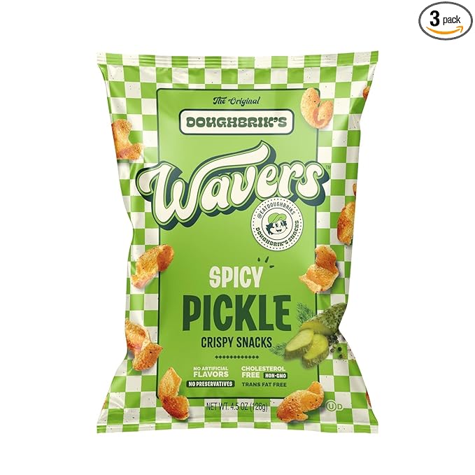 WAVERS by Doughbrik's Snacks, Spicy Pickle Flavor 4.5 oz Bags, Crispy Crunchy Texture Perfect Anytime Snack Made in the USA (3-Pack)