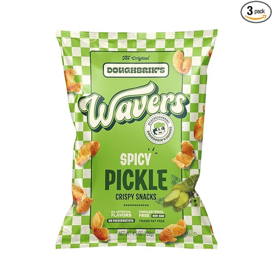 WAVERS by Doughbrik's Snacks, Spicy Pickle Flavor 4.5 oz Bags, Crispy Crunchy Texture Perfect Anytime Snack Made in the USA (3-Pack)