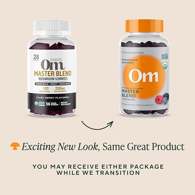 OM MUSHROOM SUPERFOOD Master Blend Mushroom Gummies – Organic 10-Mushroom Complex with Ashwagandha – Supports Immunity, Gut Health & Stress Relief – Mixed Berry Flavor – 28 Servings, 56 Count.