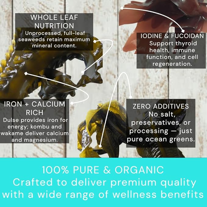 Ocean's Balance Organic Whole Leaf Seaweed Combo Pack (1 Oz Kombu + 1,5 Wakame + 2oz Dulse) - Maine Coast Seaweed - Perfect for Keto, Paleo, Vegetarian and Vegan Diets - Atlantic Coast Sea Vegetables