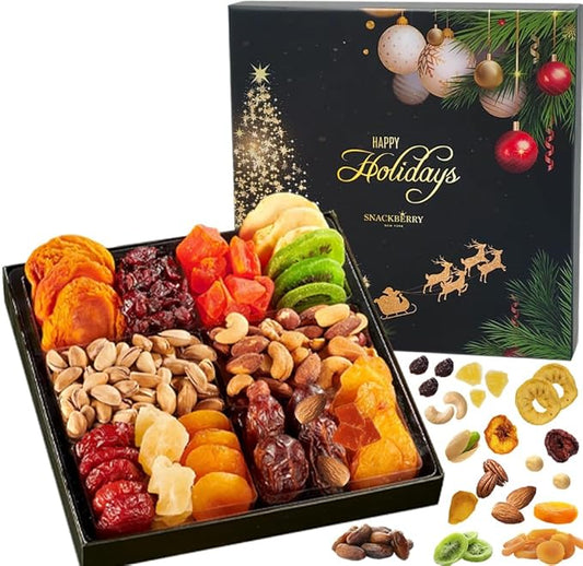 Christmas Dried Fruit & Nuts Gift Basket Arrangement Platter, Gourmet Food Snack Box, Healthy Kosher (Style 1)