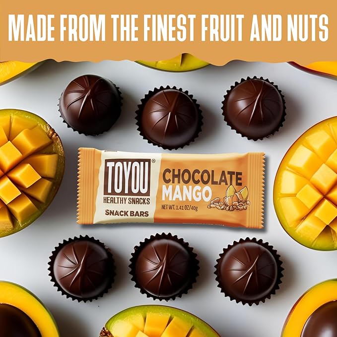 ToYou Gluten Free Chewy Fruit and Nut Bars - Healthy Protein Snacks | Chocolate Mango - 1.41 Ounce (Pack of 12) | Soft Chewy, Fiber-Packed Granola Bars for Adults and Kids, Made with Natural Ingredients