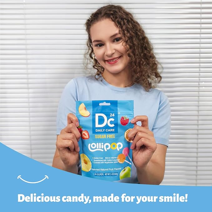 DC24 DAILY CARE Lollipops, Sugar free Suckers, Rich in Vitamin C Pops, Anti Cavity, Natural Fruit Assorted Flavors 24 Lollipops for Kids, Allergy Friendly, Gluten Free, Non-GMO, 5 OZ