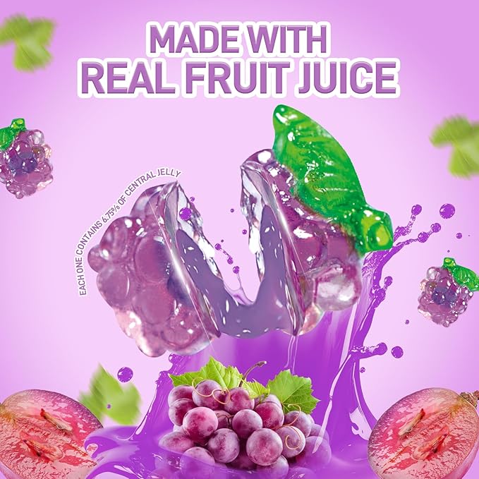 AMOS 4D Gummy Candy Grape Burst – 3D Grape Shaped, Jelly-Filled, Natural Flavor Fruit Gummy – 240g Box (Pack of 10) – Fruit-Filled Gummy Treats for Kids & Adults – Perfect for Parties & Gift Bags