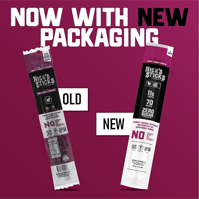 Nick's Sticks Clean & Balanced Spicy Free Range Turkey Snack Sticks | Made in the USA | Gluten Free | Paleo, Keto, Whole30 Approved | No Soy, Antibiotics or Hormones (12 – 1.7oz. Packs of 2 Sticks)