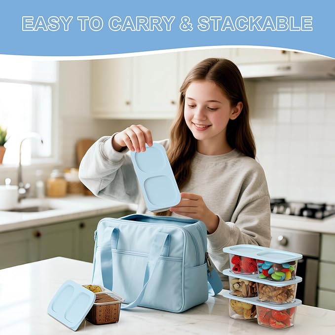 Reusable Snack Containers with Lids for Kids-Light Blue 10 PACK, [UNIQUE DESIGN 2-COMPARTMENT] BPA-Free/Microwave/Dishwasher Safe, Snack Bowls Container for On-the-Go Meals,Camping and Travel