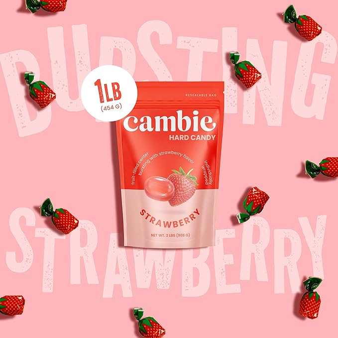 Strawberry Hard Candy Individually Wrapped by Cambie, 1 lb of Strawberry Candy with a Deliciously Sweet Hard Exterior with a Soft, Fruit-Filled Center