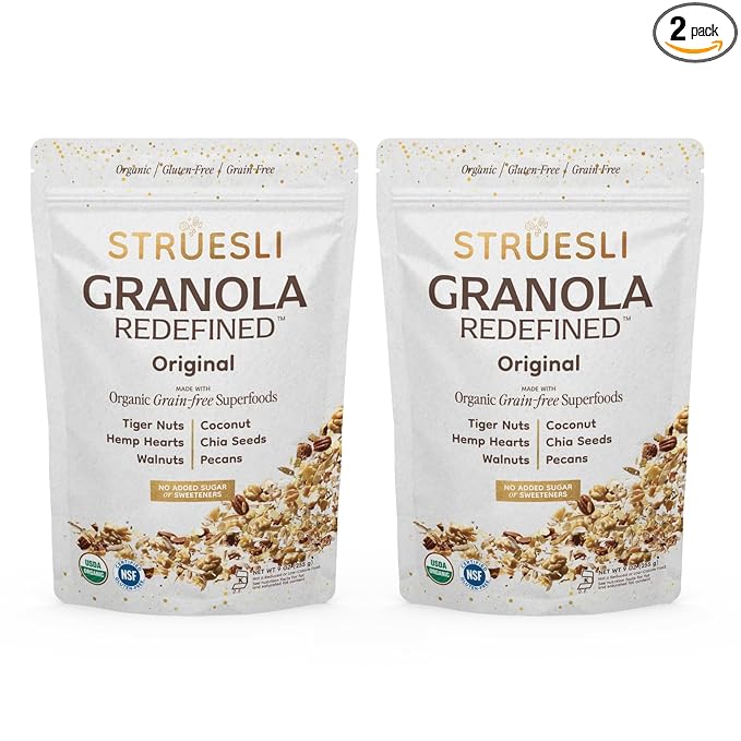 Struesli Original Organic Granola, Grain & Gluten Free, Healthy Snacks with Chia Seeds, Nuts & Sea Salt, Prebiotic High Fiber Food for Yogurt, Cereal & More, Plant Based, Keto & Paleo, 9 Oz, 2 Pack