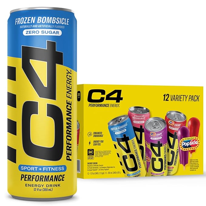 Cellucor C4 Energy Drink POPSICLE Variety Pack, Carbonated Sugar Free Pre Workout Performance Drink, 4 Flavors - Grape & Cherry Popsicle, Strawberry Watermelon Ice, Frozen Bombsicle, 12 Oz Pack of 12