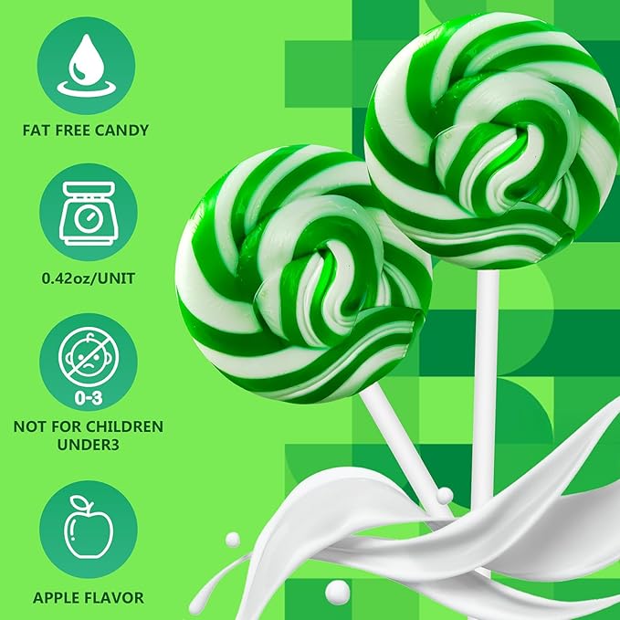 32 Pack Twist & Swirl Lollipops Suckers Individually Wrapped Bulk, St. Patrick's Day Candy Suckers, Green & White Swirl Lollipops Candy, Green Apple Flavor