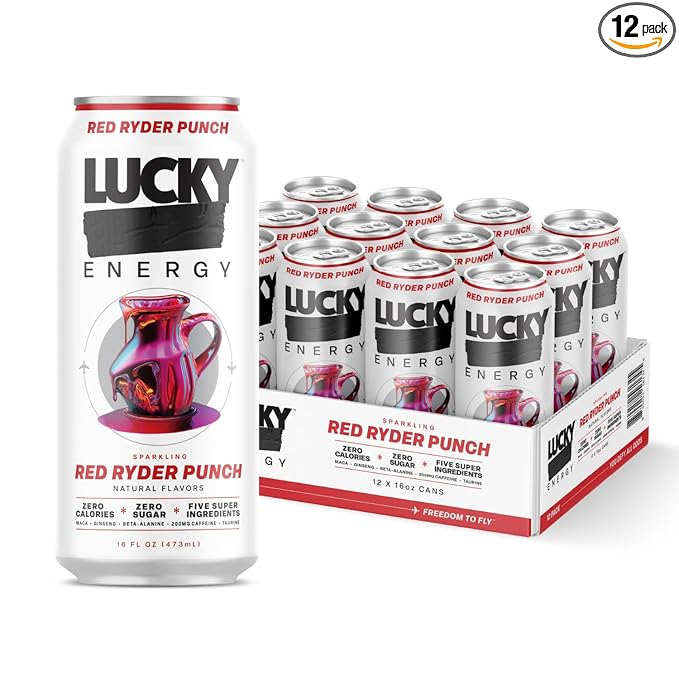 Lucky Energy Sugar Free Energy Drinks, Red Ryder Punch, 16oz Cans (12-Pack) Healthy, Zero Sugar Energy Drink with Maca, Ginseng, Beta-Alanine, Taurine & 200mg Caffeine