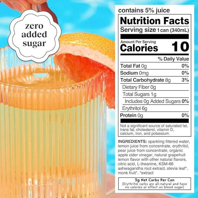 Moment Botanical Soda Soft Drink (Shark Tank) - SPARKLING Non Alcoholic Drinks | L-Theanine & Ashwagandha for Calm & Clarity | 0 Added Sugar 0 Caffeine | Grapefruit Lemonade |12-pack