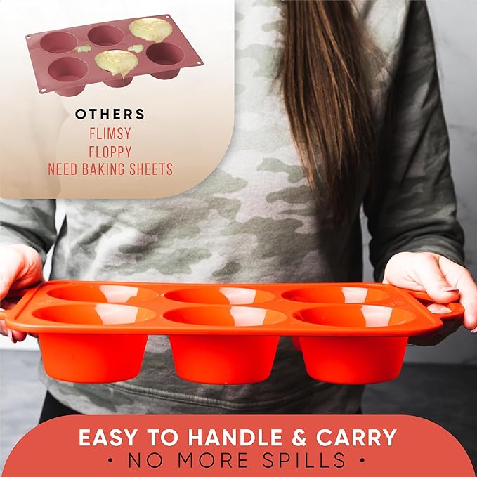 BAKE BOSS 2 PACK - Jumbo Muffin Pan, 3.5" Large Muffin Pan 6 Cup - Silicone Jumbo Muffin Tin for Baking BPA Free Non Stick - RED