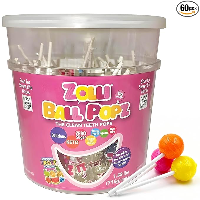 Zolli Ball Popz Clean Teeth Sugar Free Candy - Dye-Free, Keto & Diabetic-Friendly, Dentist-Approved Treats for Kids (Natural Fruit Flavors, 60 count)