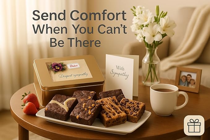 Sympathy Gift Baskets - 18 Individually Wrapped Brownies Freshly Baked in a Variety of Flavors - Dulcet's Signature Flavored Fudge Brownies - Gift Box Comes with Sympathy Card