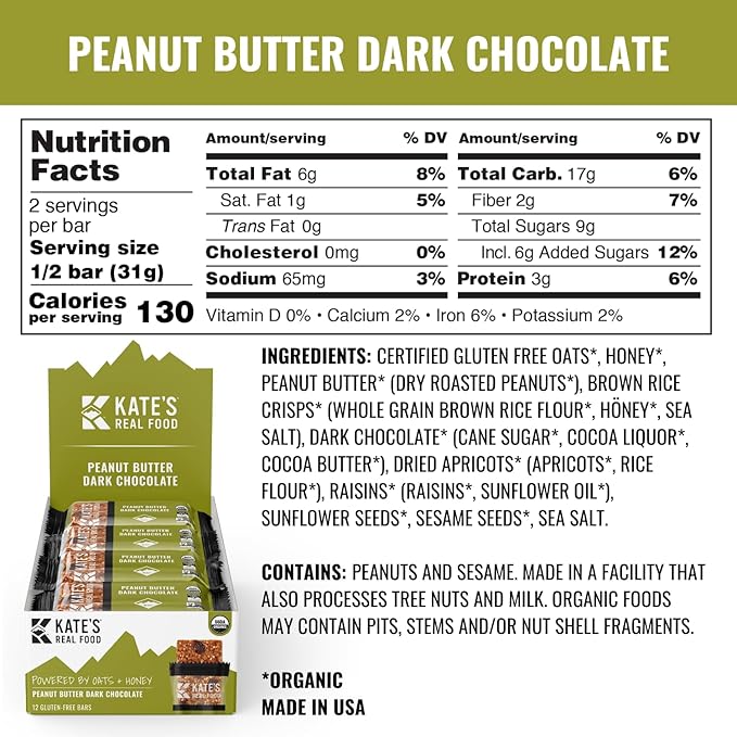 Kate’s Real Food Organic Energy Bars, Non-GMO, All-Natural Ingredients, Gluten-Free and Soy-Free Healthy Snack with Natural Flavors, Peanut Butter and Dark Chocolate (Pack of 12)
