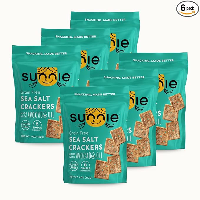 Sunnie Gluten Free Crackers, Healthy Grain-Free Sea Salt Cracker, Snacks for Kids & Adults, Made with Avocado Oil, Only 6 Ingredients, Vegan Snack, Low Calorie, 4 Oz, Pack of 6