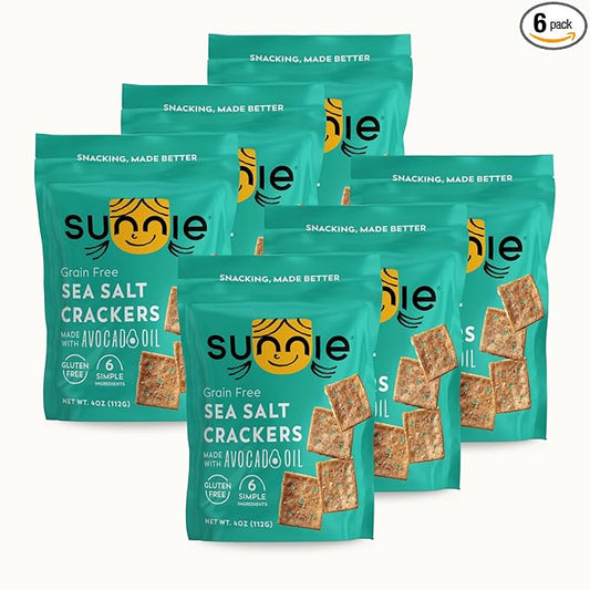 Sunnie Gluten Free Crackers, Healthy Grain-Free Sea Salt Cracker, Snacks for Kids & Adults, Made with Avocado Oil, Only 6 Ingredients, Vegan Snack, Low Calorie, 4 Oz, Pack of 6