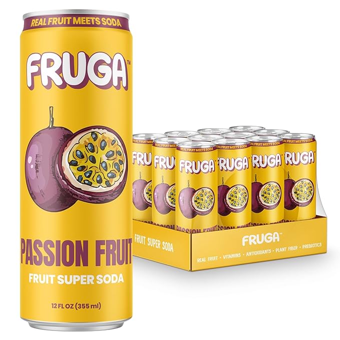 FRUGA Passion Fruit Sparkling Fruit Super Soda | Prebiotic Soda Drink, Low Calorie, Healthy Soda Benefits and Vitamin Boost - 12 Fl Oz (Pack of 12)
