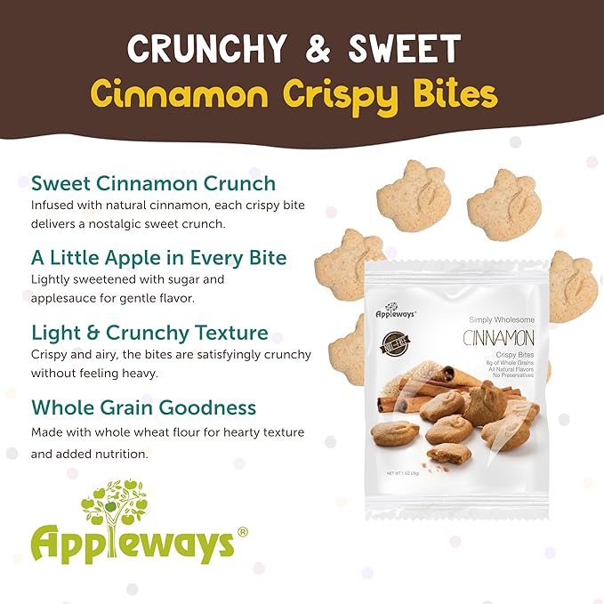 Cinnamon Cookies, 20 Count, 1 oz Each - Crispy Biscuits Cookies, Whole Grain Snacks with Natural Flavors, Shelf-Stable, Healthy Breakfast Snacks for Kids, Daycares & Schools, Made in USA by Appleways