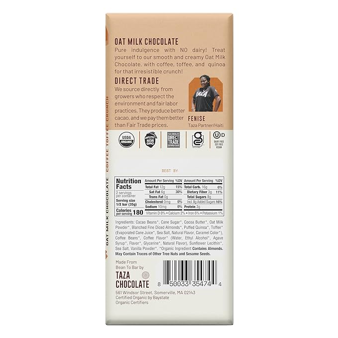 Taza Chocolate Organic Oat Milk Chocolate Bar, Coffee Toffee, 2.5 Ounce (10 Count), Vegan