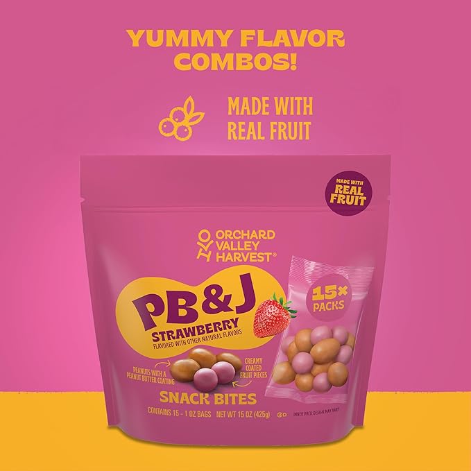 Orchard Valley Harvest Peanut Butter Covered Peanuts & Strawberry Flavored Creamy Coated Fruit Snack Bites, 1oz Bags (Pack of 15), Made with Real Fruit, Perfect On-The-Go Snack