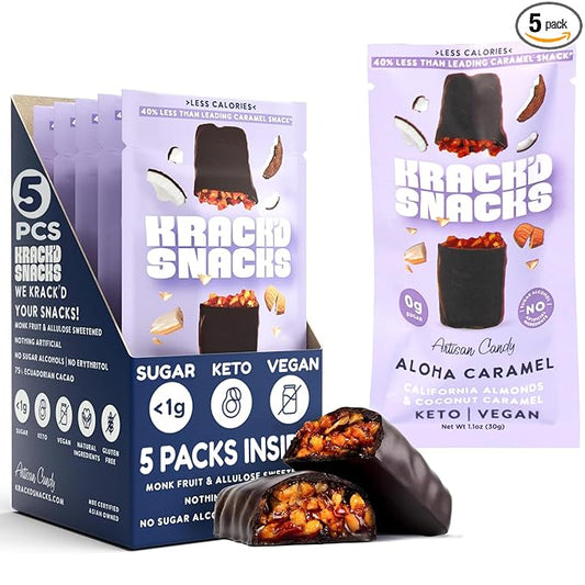 Krack’d Snacks Keto Chocolate Snack Bars - Low Carb, Vegan Chocolate with Almonds and Coconut Caramel - Gluten Free, Sugar Free (Dark Chocolate Aloha Caramel, 5 Pk)
