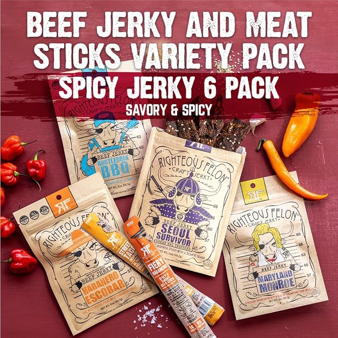 Righteous Felon Beef Jerky & Meat Sticks Variety Pack | Gluten Free Beef Jerky Snack Pack | High Protein, Keto, Low Sugar | Made with Premium Meats | Valentines Day Gifts for Men | Spicy Jerky 6 Pack