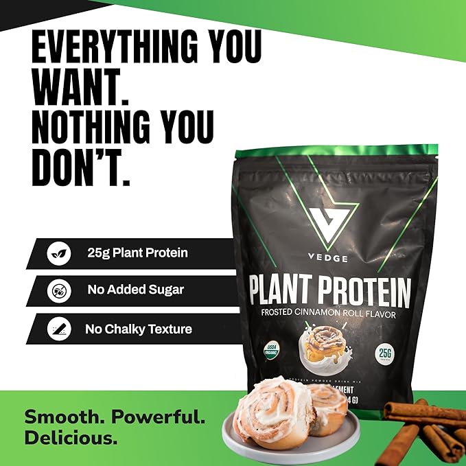 VEDGE Vegan Protein Powder - Plant Protein Powder with Pea, Pumpkin & Sunflower - USDA Organic, Amino Acids, Dairy Free, Gluten Free, Soy Free, Keto, Non GMO, Smooth Texture - Cinnamon - 20 Servings