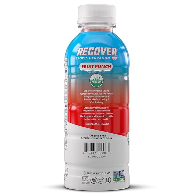 RECOVER 180 Organic Sports Hydration Drink, No Sugar Added, 20 Calorie Sports Beverage, Organic Flavors With Vitamins, Potassium-Packed Electrolytes (16.9 Fl Oz (Pack of 12), Fruit Punch)
