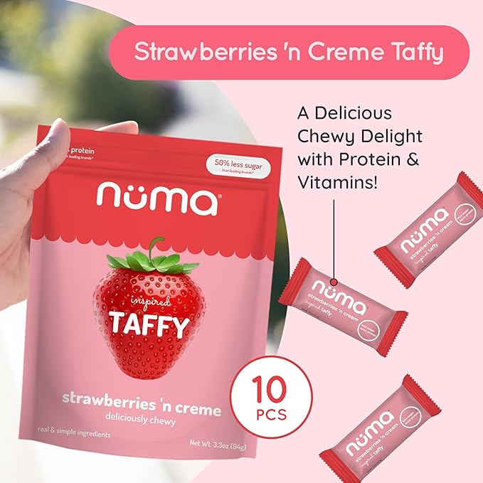 Numa Taffy Candy - Strawberries and Creme Made w Real & Simple Ingredients - Low Sugar, High Protein, Low Calorie, All Natural, Gluten Free - 3 Bags with 10 Individually Wrapped Chews Each