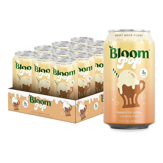 Bloom Pop Prebiotic Soda 12 Pack, Rootbeer Float Flavor, 12oz Cans | Prebiotic Soda for Gut Health, Low Calorie Soda, No Caffeine, Healthy Soft Drink Alternative
