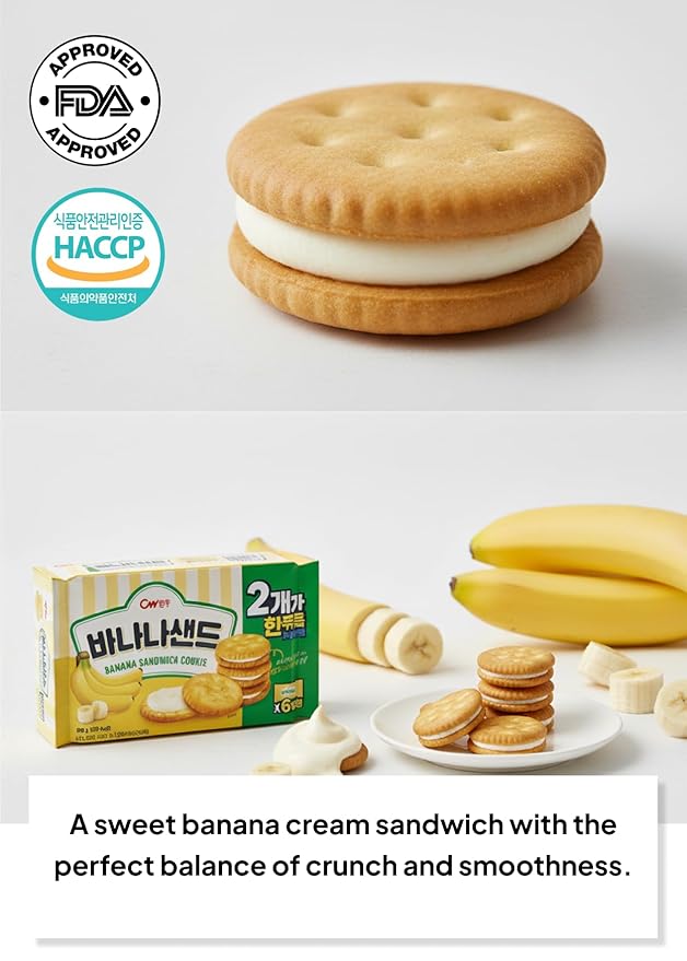 Korean Food CW Banana Sandwich Cookies, Sweet Banana Cream Biscuits, 1+1 Family Pack (6 Packs x 2, 12 Packs Total, 360g / 12.7 oz Total), Crispy Korean Snack