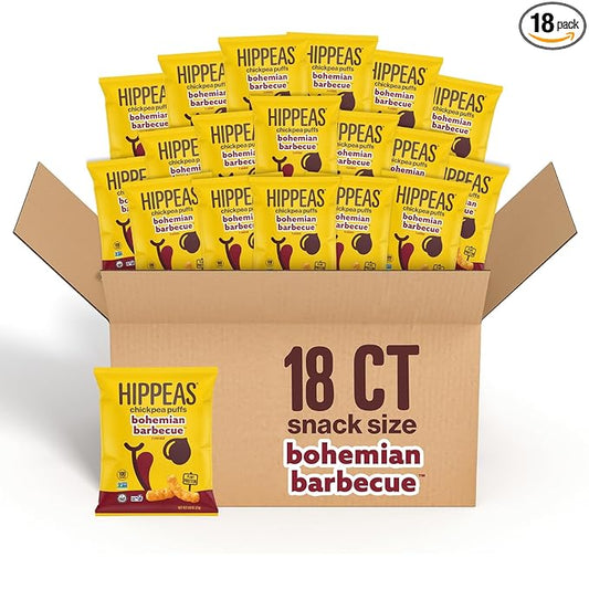 HIPPEAS Chickpea Puffs, Bohemian Barbecue, Gluten Free Snacks, Dairy Free, Vegan, 0.8oz, Pack of 18, 3g Protein, 2g Fiber, Crunchy, Nutritious, Baked Plant Protein Snack, Non-GMO, Kosher
