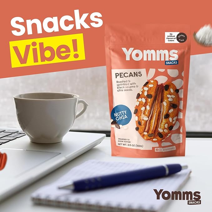 Yomms Nutty Chia Glazed Whole Pecan Halves, 3.9 oz (3 Pack), Gluten-Free & Non-GMO Healthy Dessert Snacks – Low Sugar Chia Seed & Crunchy Candied Nut Pouches – Gourmet Roasted Snacking Pecans – 1.3oz Individual Bags