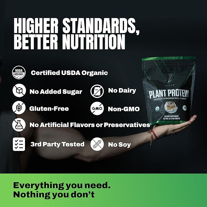 VEDGE Vegan Protein Powder - Plant Protein Powder with Pea, Pumpkin & Sunflower - USDA Organic, Amino Acids, Dairy Free, Gluten Free, Soy Free, Keto, Non GMO, Smooth Texture - Cinnamon - 20 Servings