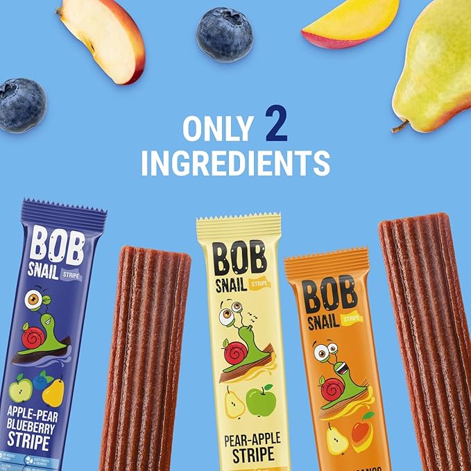 BOB SNAIL Healthy Fruit Snacks for Kids and Adults – 30 Fruit Leather Snacks with Pear & Apple, Blueberry, Mango – Vegan Low-Carb Variety Pack Strips for Kids – Sugar Free Jerky Bars