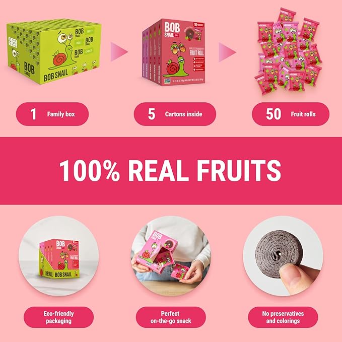 Bob Snail Fruit Roll Ups – 50 Natural Fruit Snacks (Strawberry & Raspberry), Vegan, No Added Sugar, Healthy On-the-Go Pack, 500g