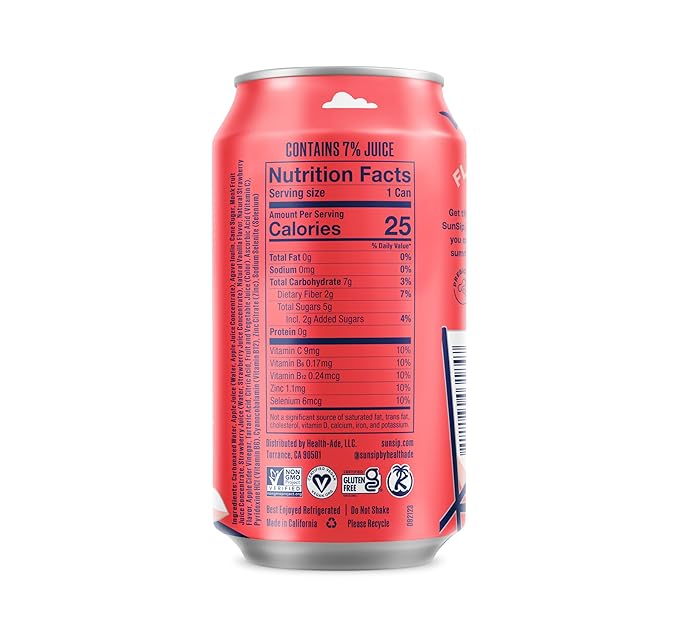 SunSip Prebiotic Soda With Benefits - Gut-Healthy Beverage with Vitamins and Minerals, 25 Calories, Soda Alternative, Naturally Sweetened with 5g of Sugar, 11.5 oz (12 Pack) Strawberry Vanilla