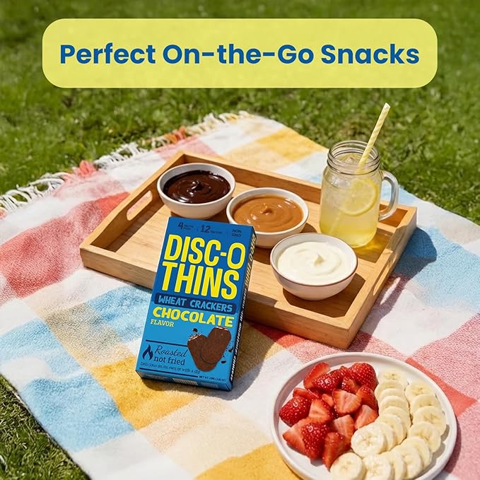 Disc-O Thins Whole Wheat Crackers - Crunchy Roasted Snack, High-Fiber & Low-Fat On-the-go Snack Chips, 72 pcs (Chocolate) - Healthy Family Travel Snack, Non-GMO - Great with Coffee, Tea or Fruit Dips