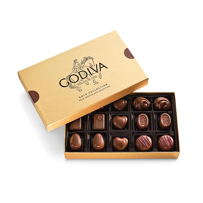 Godiva Gold Milk Chocolate Gift Box, Belgian Milk Chocolates with Pralinés, Ganaches & Caramels, Gourmet Gift for Birthdays, Holidays, Kosher, 15 Pc