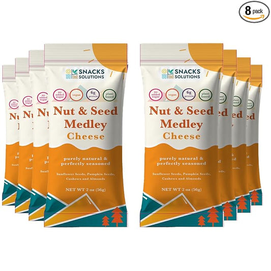 Snacks Solutions Nut and Seed Medley (2 oz - Pack of 8, Cheese) Natural, Gluten Free and Perfectly Seasoned, Sunflower Seeds, Pumpkin seeds, Cashews and Almonds
