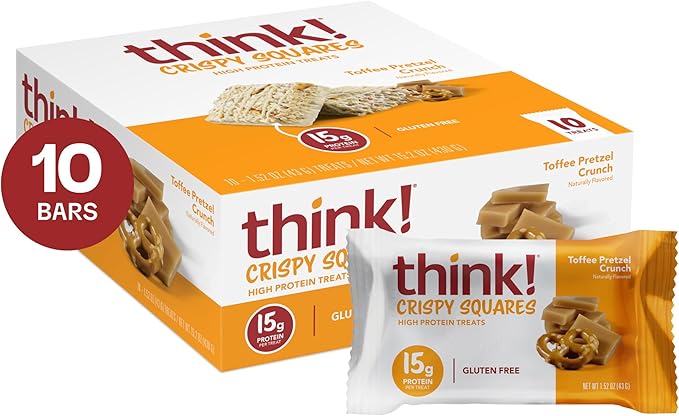 Think! High Protein Crispy Squares Toffee Pretzel Crunch Treat (10 Pack)