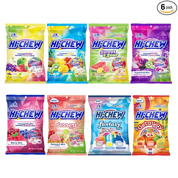 HI-CHEW Variety Mix, Pack of 8 Bags - 23 Flavors including Getaway Mix - Unique Fun Soft & Chewy Taffy Candy - Immensely Juicy Fruit Flavors - Individually Wrapped for Sharing